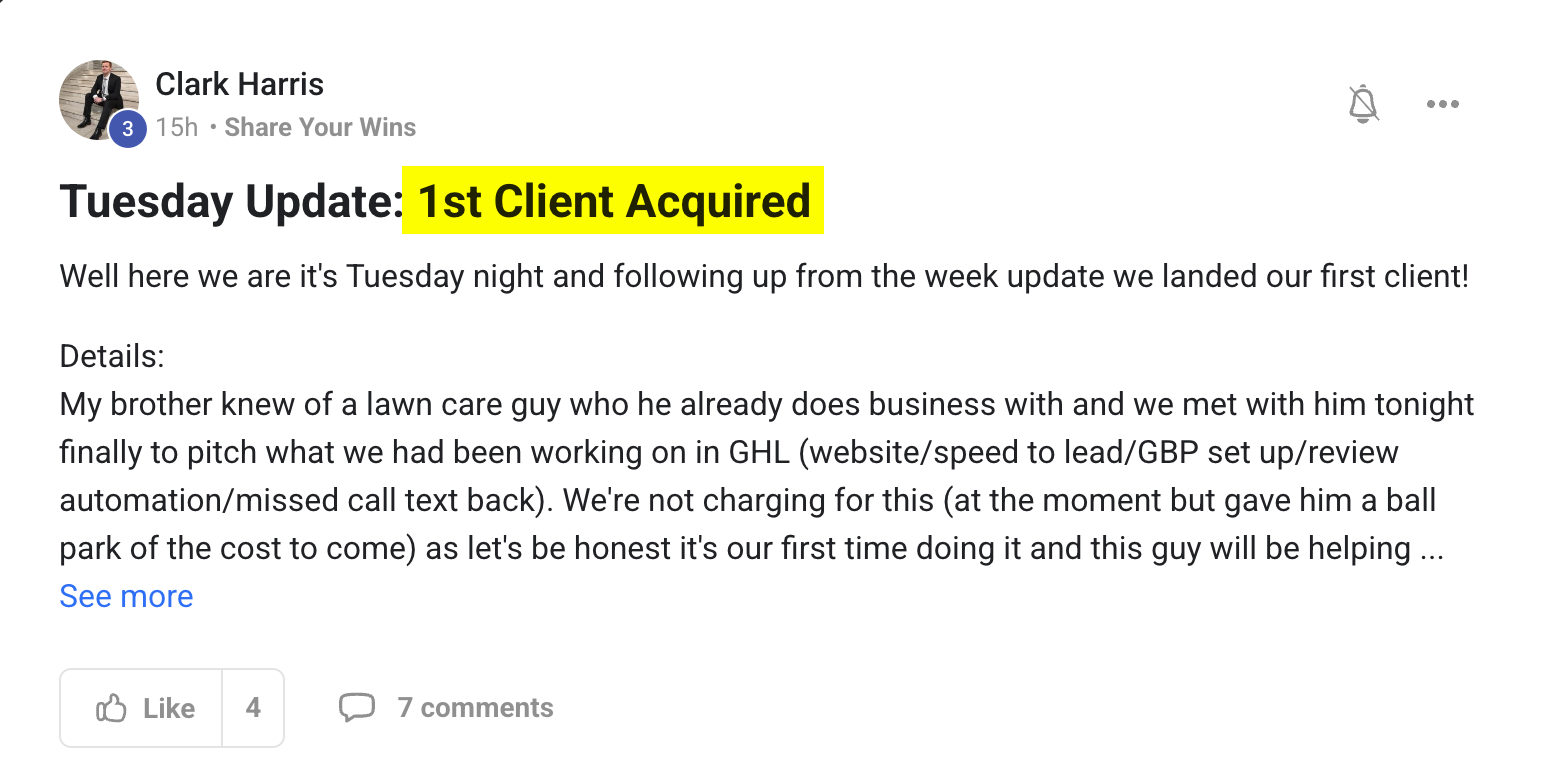 Clark Harris community win: 1st client acquired