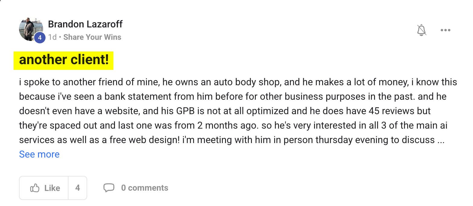 Brandon Lazaroff community win: Another client